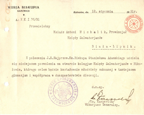  Mikołów dokument erekcyjny 12 stycznia 1931 rok 